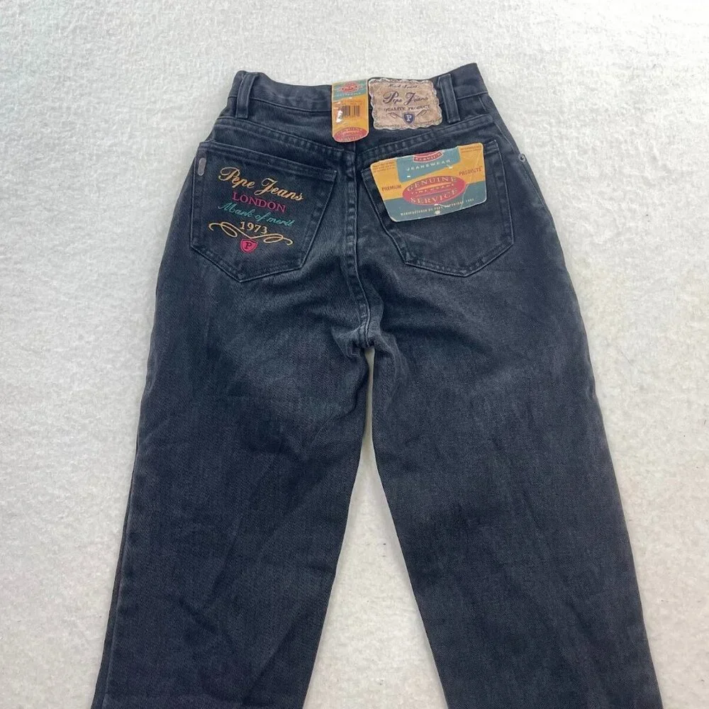 NWT Deadstock Vintage Pepe Jeans Black Denim Embroidered Jeans Size 1/2 - Picture 3 of 8